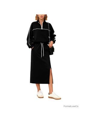 Womens 2-Piece Long Sleeve Half-Zip Polo Sweatshirt & Midi Skirt Set Pockets